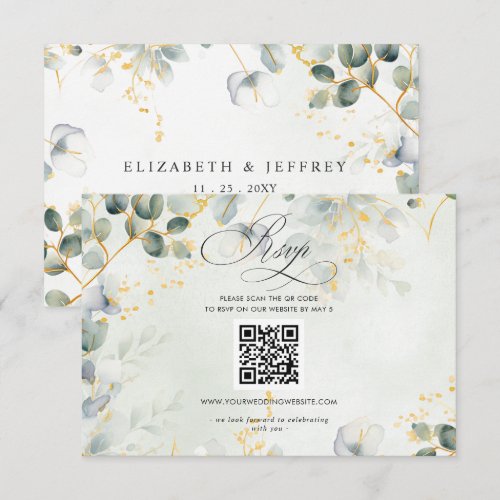 Elegant Calligraphy Greenery Eucalyptus QR Code RSVP Card