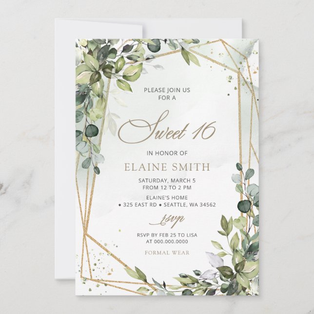 Elegant Calligraphy Greenery Eucalyptus Sweet 16 Invitation (Front)