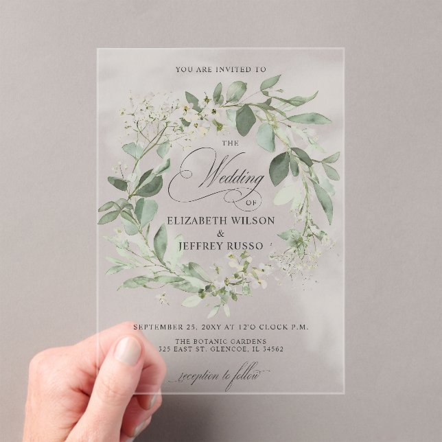 Elegant Calligraphy Greenery Eucalyptus Wedding Acrylic Invitations (Insitu (Handheld))