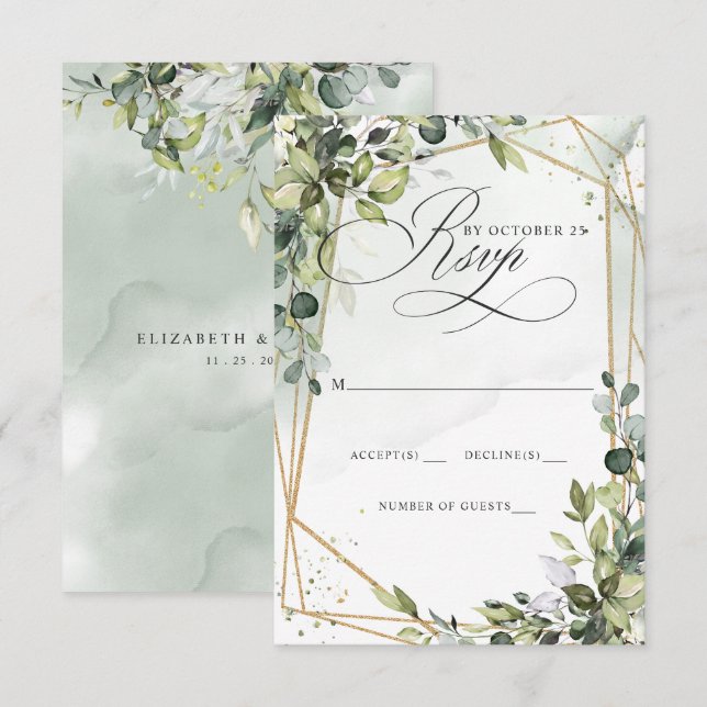 Elegant Calligraphy Greenery Eucalyptus Wedding RSVP Card (Front/Back)