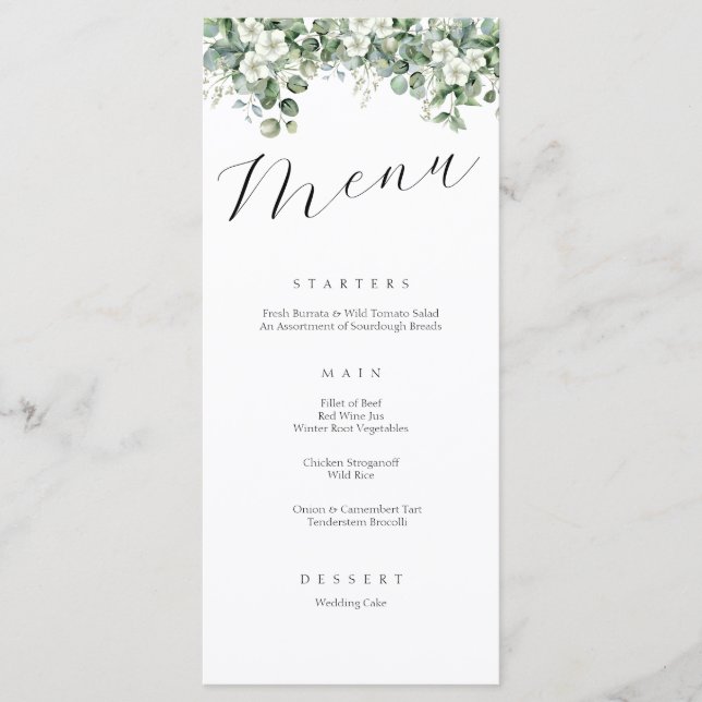 Elegant Calligraphy Greenery Floral Wedding Menu (Front)