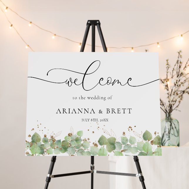Elegant Calligraphy Greenery Wedding Welcome Sign (In Situ (Stand))