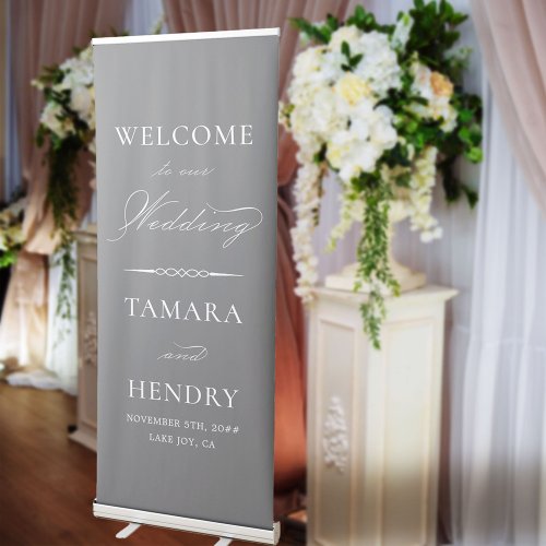 Elegant Calligraphy Grey and White Wedding Welcome Retractable Banner