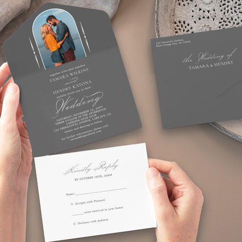 Elegant Calligraphy Grey Photo RSVP Wedding All In One Invitation