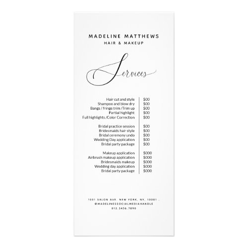 Elegant Calligraphy Hair Salon Price List Service Rack Card