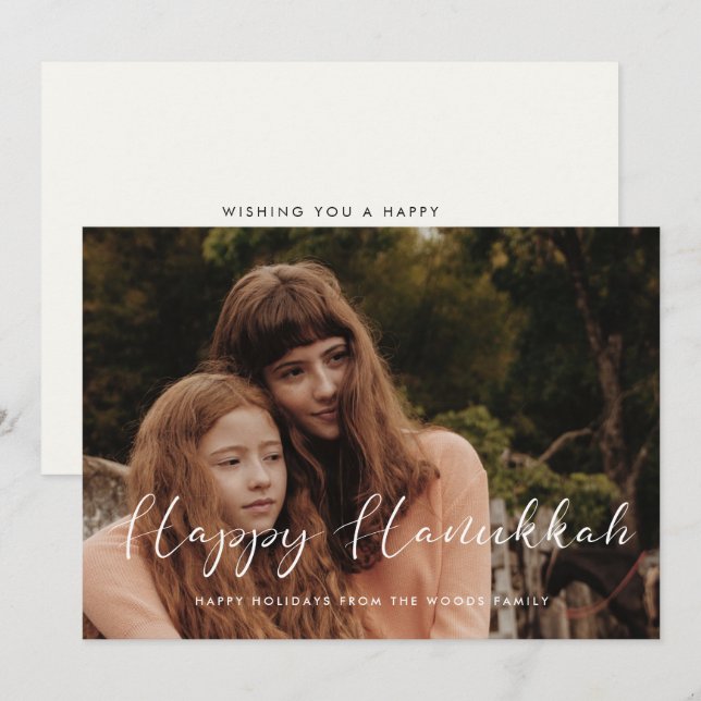 Elegant calligraphy Happy Hanukkah photo Holiday Card (Front/Back)