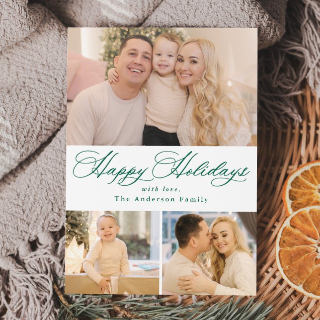 Elegant Calligraphy Happy Holidays 3 Photo Letterpress Photo Cards (Creator Uploaded)