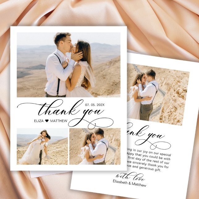 Elegant Calligraphy Heart 3 Photo Collage Wedding Thank You Card (Creator Uploaded)