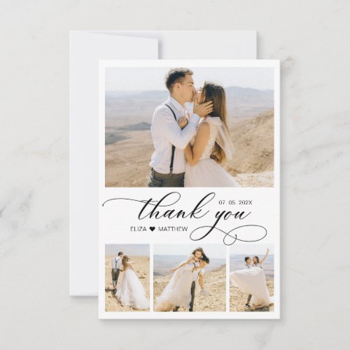 Elegant Calligraphy Heart 4 Photo Collage Wedding Thank You Card