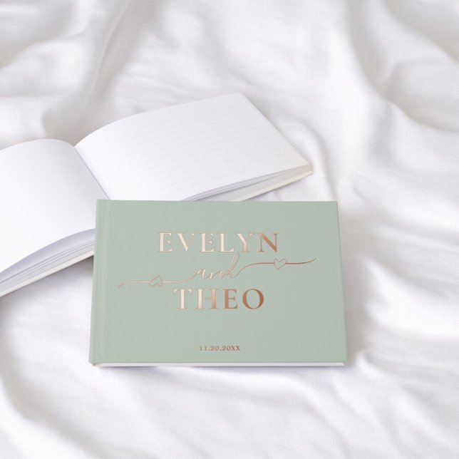 Elegant Calligraphy Heart Sage Green Foil Guest Book (Creator Uploaded)