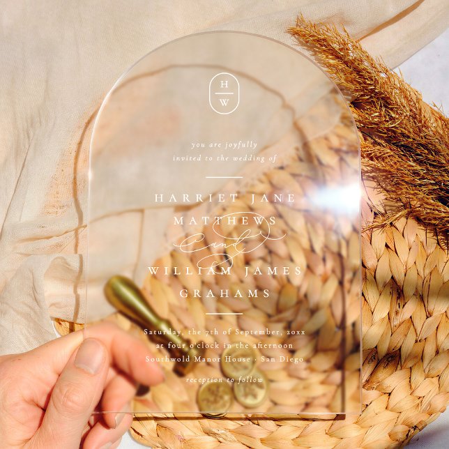 Elegant Calligraphy Initials White Arch Wedding Acrylic Invitations (Creator Uploaded)