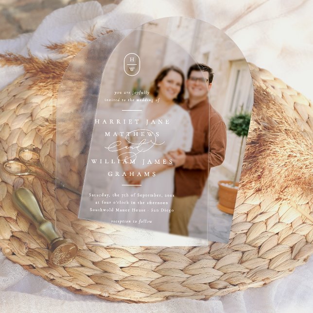 Elegant Calligraphy Initials White Arch Wedding Acrylic Invitations (Acrylic Card Mock-up)