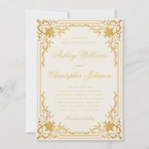 Elegant Calligraphy Ivory and Gold Vintage Wedding Invitation