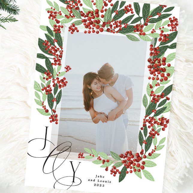 Elegant Calligraphy JOY Botanical Christmas Photo Holiday Card (Creator Uploaded)