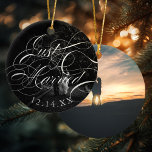 Elegant Calligraphy Just Married Wedding Photo Ceramic Ornament<br><div class="desc">"Just Married" in elegant script over your photo with wedding date and second photo option on the back.</div>