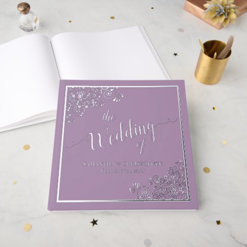 Elegant Calligraphy Lavender  Silver Foil Wedding Foil Guest Book