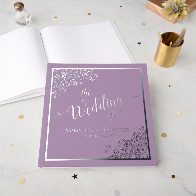 Elegant Calligraphy Lavender & Silver Foil Wedding Foil Guest Book (Front Open)