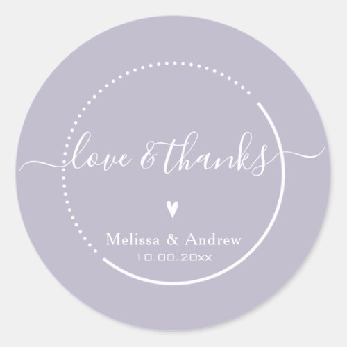 Elegant Calligraphy Lavender Wedding Love  Thanks Classic Round Sticker