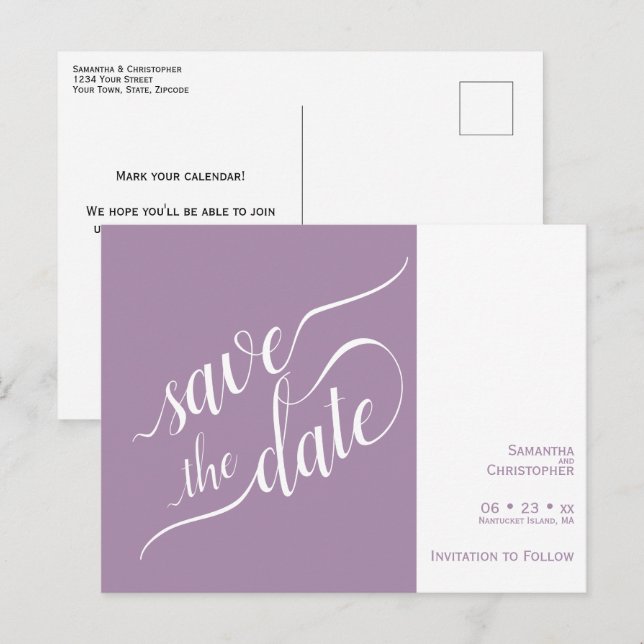 Elegant Calligraphy Lavender Wedding Save the Date Announcement Postcard (Front/Back)