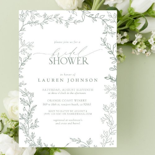 Elegant Calligraphy Leaf Sage Green Bridal Shower Invitation