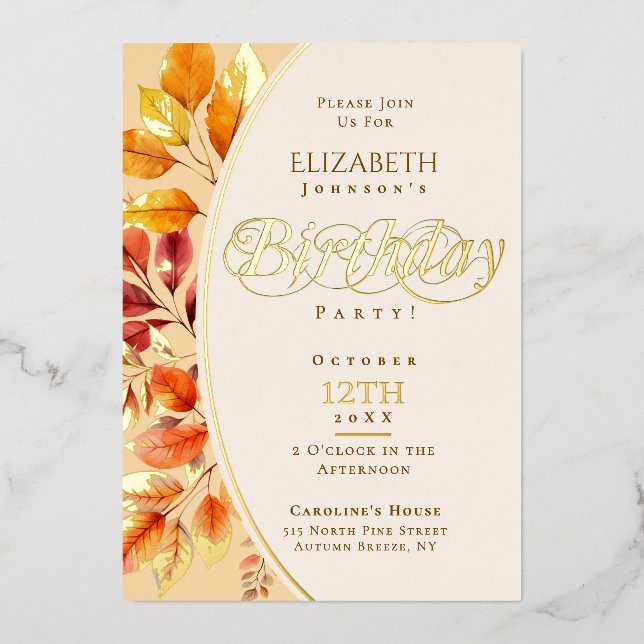 Elegant Calligraphy Leaves Fall Her Birthday Foil Invitation (Front)