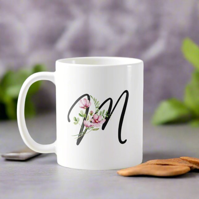 Elegant Calligraphy Letter "M" Girly Floral  Coffee Mug (Creator Uploaded)
