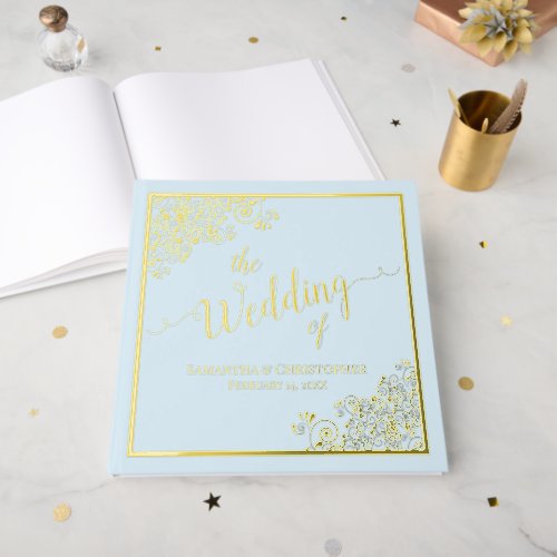 Elegant Calligraphy Light Blue  Gold Foil Wedding Foil Guest Book