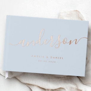 Elegant calligraphy light dusty blue wedding real foil guest book