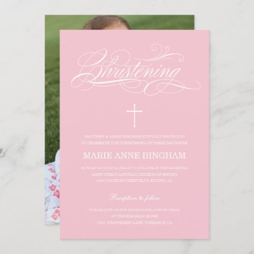 Elegant Calligraphy Light Pink Christening Photo Invitation