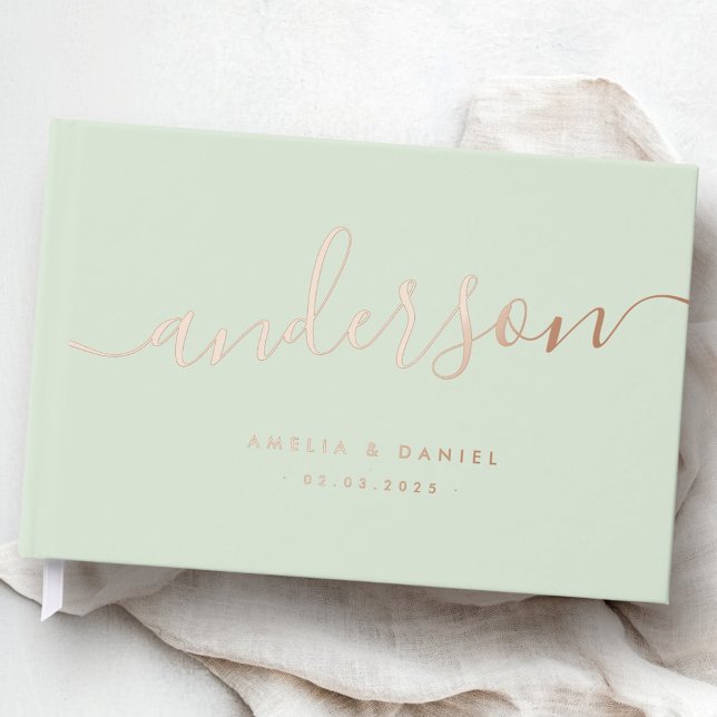Elegant calligraphy light sage green wedding real foil guest book  (Elegant calligraphy light sage green wedding real foil guest book)
