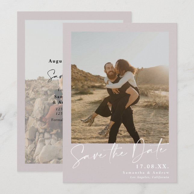 Elegant calligraphy lilac 2 photos save the date (Front/Back)