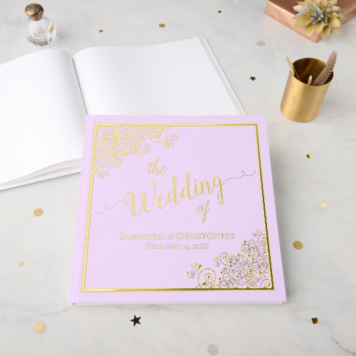 Elegant Calligraphy Lilac  Gold Foil Wedding Foil Guest Book