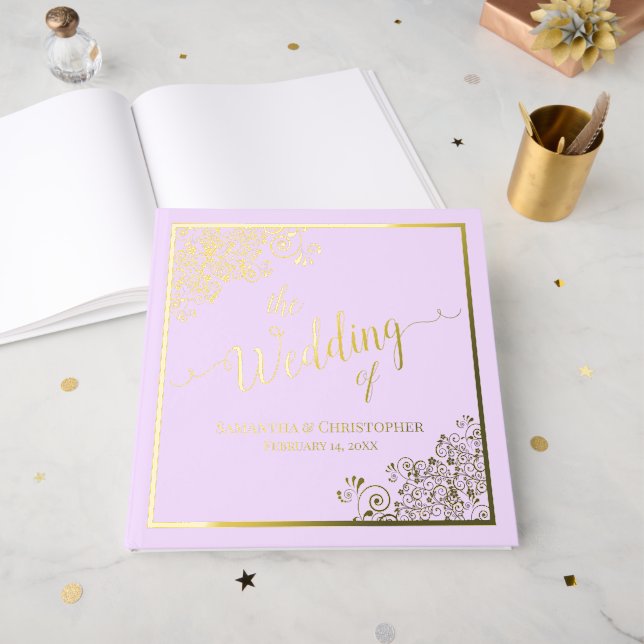 Elegant Calligraphy Lilac & Gold Foil Wedding Foil Guest Book (Front Open)