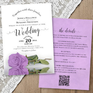 Elegant Calligraphy Lilac Rose QR Code Wedding Invitation