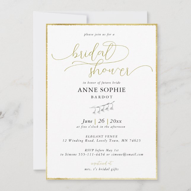 Elegant Calligraphy Lily Valley Gold Bridal Shower Invitation (Front)