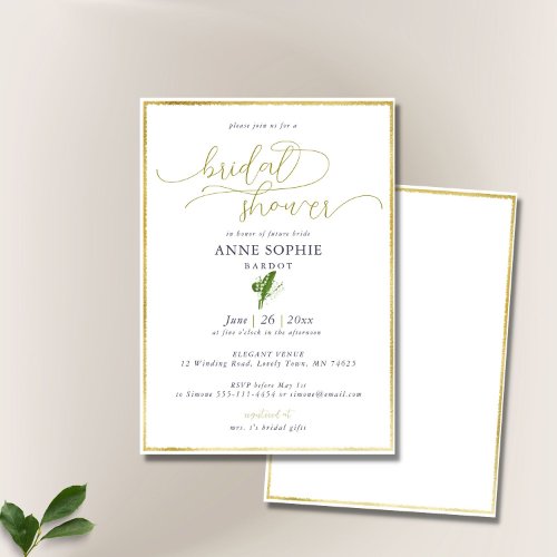 Elegant Calligraphy Lily Valley Gold Frame Bridal Invitation