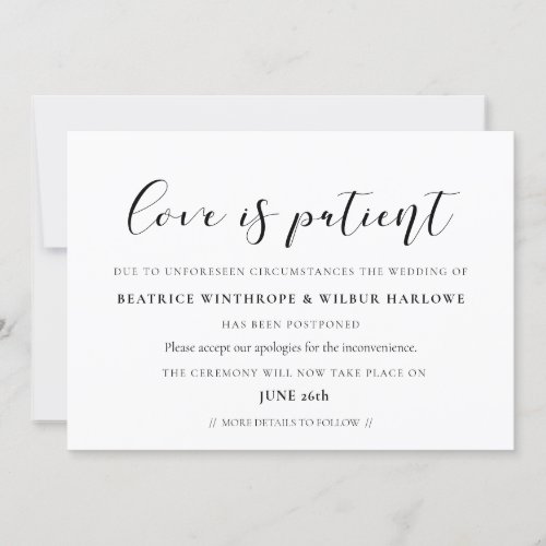 Elegant calligraphy Love is patient wedding date Invitation