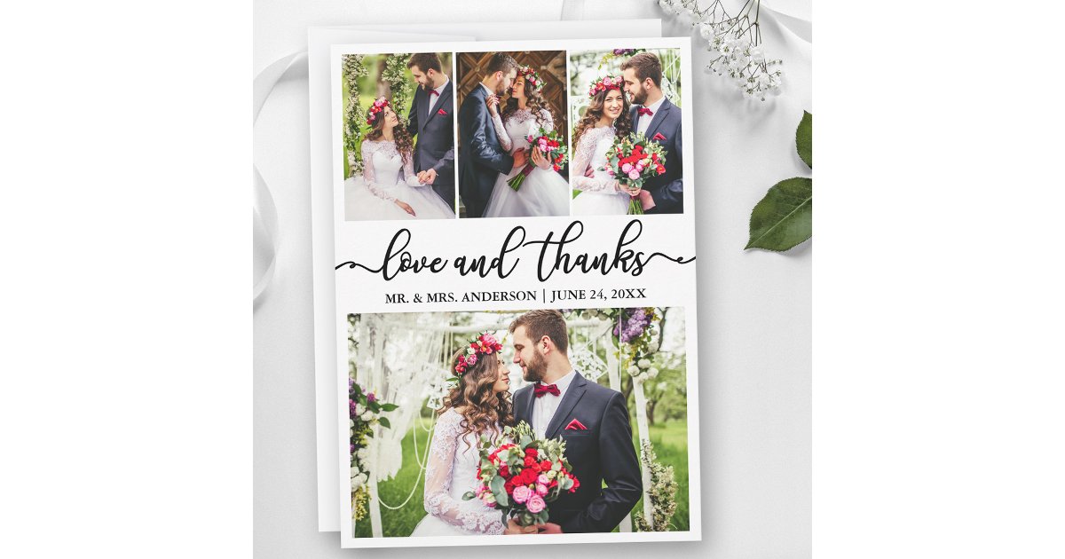 Elegant Calligraphy Love Thanks 4 Photo Wedding Thank You Card | Zazzle