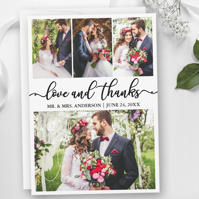 Elegant Calligraphy Love Thanks 4 Photo Wedding Thank You Card (Customize to add text to back of card.)