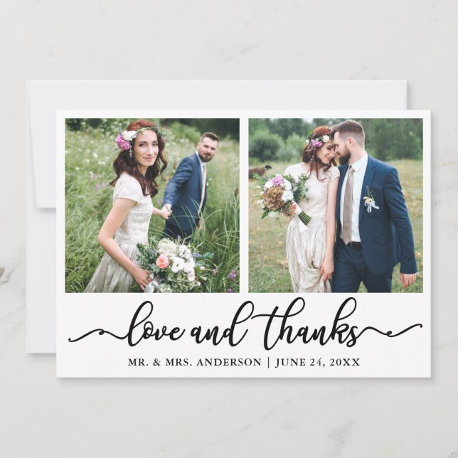 Elegant Calligraphy Love Thanks Wedding 2 Photo Thank You Card (Front)