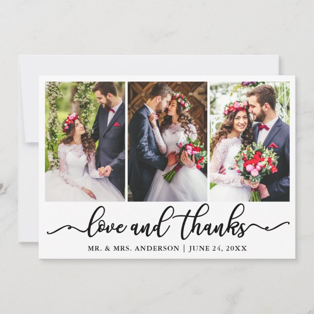 Elegant Calligraphy Love Thanks Wedding 3 Photo Thank You Card (Front)