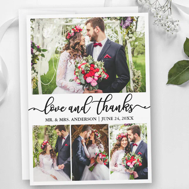Elegant Calligraphy Love Thanks Wedding 4 Photo Thank You Card | Zazzle