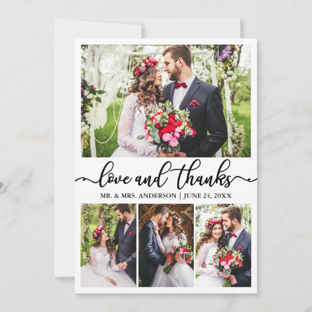 Elegant Calligraphy Love Thanks Wedding 4 Photo Thank You Card (Front)