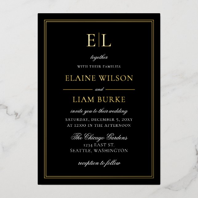 Elegant Calligraphy Luxe Black Gold Wedding  Foil Invitation (Front)