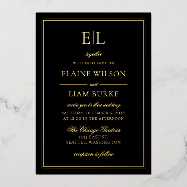 Elegant Calligraphy Luxe Black Gold Wedding  Foil  Invitation (Front)