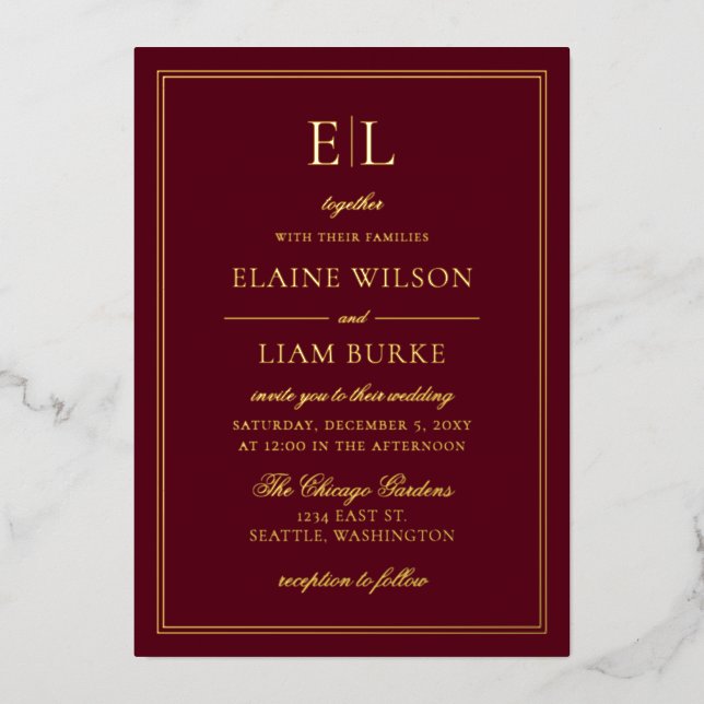 Elegant Calligraphy Luxe Burgundy Gold Wedding   F Foil Invitation (Front)