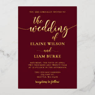 Elegant Calligraphy Luxe Burgundy Gold Wedding Foil Invitation