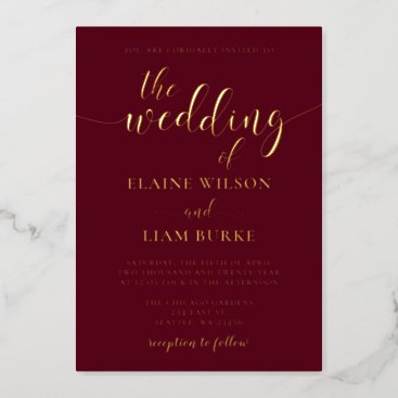 Elegant Calligraphy Luxe Burgundy Gold Wedding   Foil Invitation