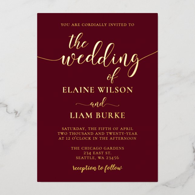 Elegant Calligraphy Luxe Burgundy Gold Wedding   Foil Invitation (Front)