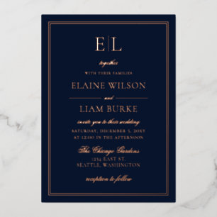 Elegant Calligraphy Luxe Navy Rose Gold Wedding F Foil Invitation